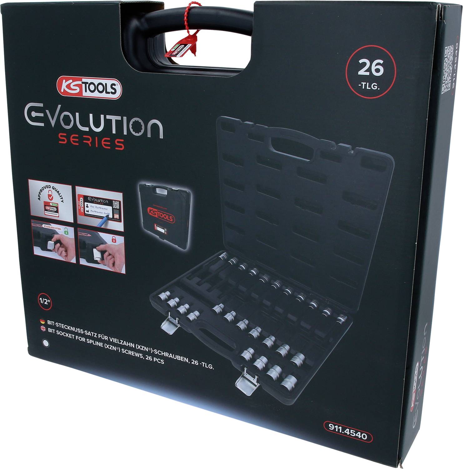 'KS Tools Evolution Series' Werkzeugkasten mit 26 Teilen, abgebildet auf der Verpackung. Enthält Stecknüsse für Vielzahn-Schrauben.