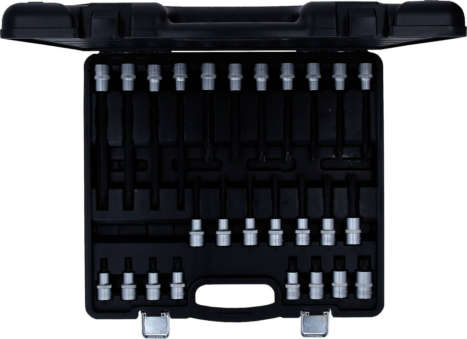 Ein offener schwarzer Werkzeugkoffer, gefüllt mit verschiedenen Schraubendrehereinsätzen in mehreren Reihen angeordnet.