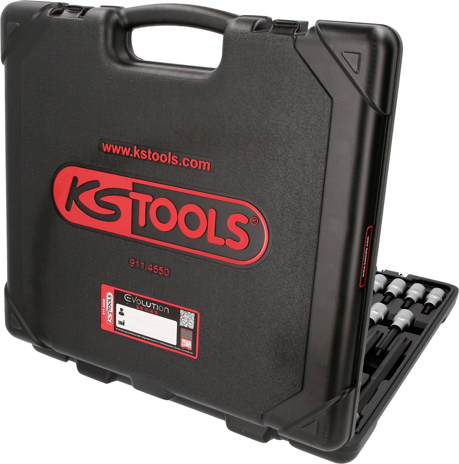 Schwarzer Werkzeugkoffer der Marke 'KSTOOLS', leicht geöffnet, zeigt innenliegende Werkzeuge. Tragegriff oben, rotes Logo auf der Vorderseite.