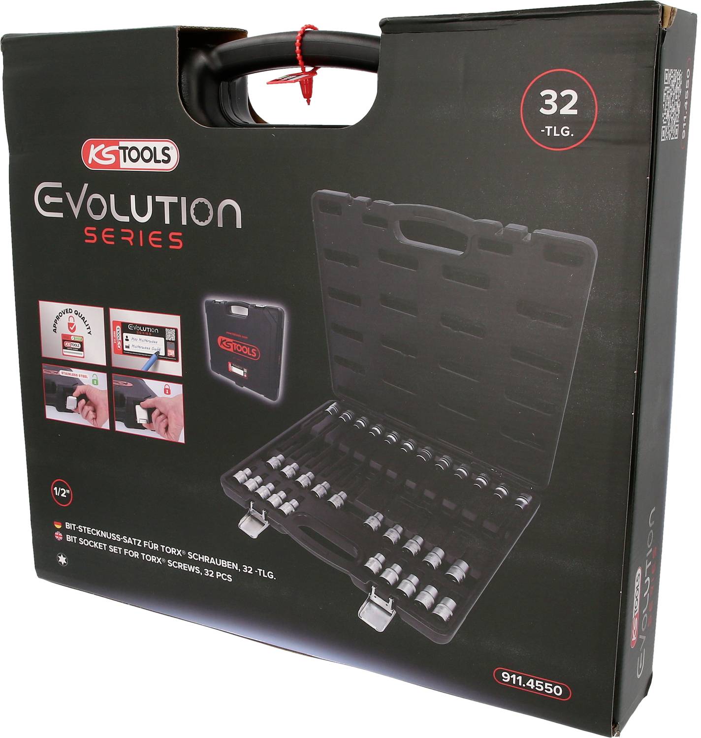 'KS Tools Evolution Series' Werkzeugkoffer mit 32-teiligen Set, Hauptfach geöffnet, Torx- und Schraubenschlüssel, schwarze Box.