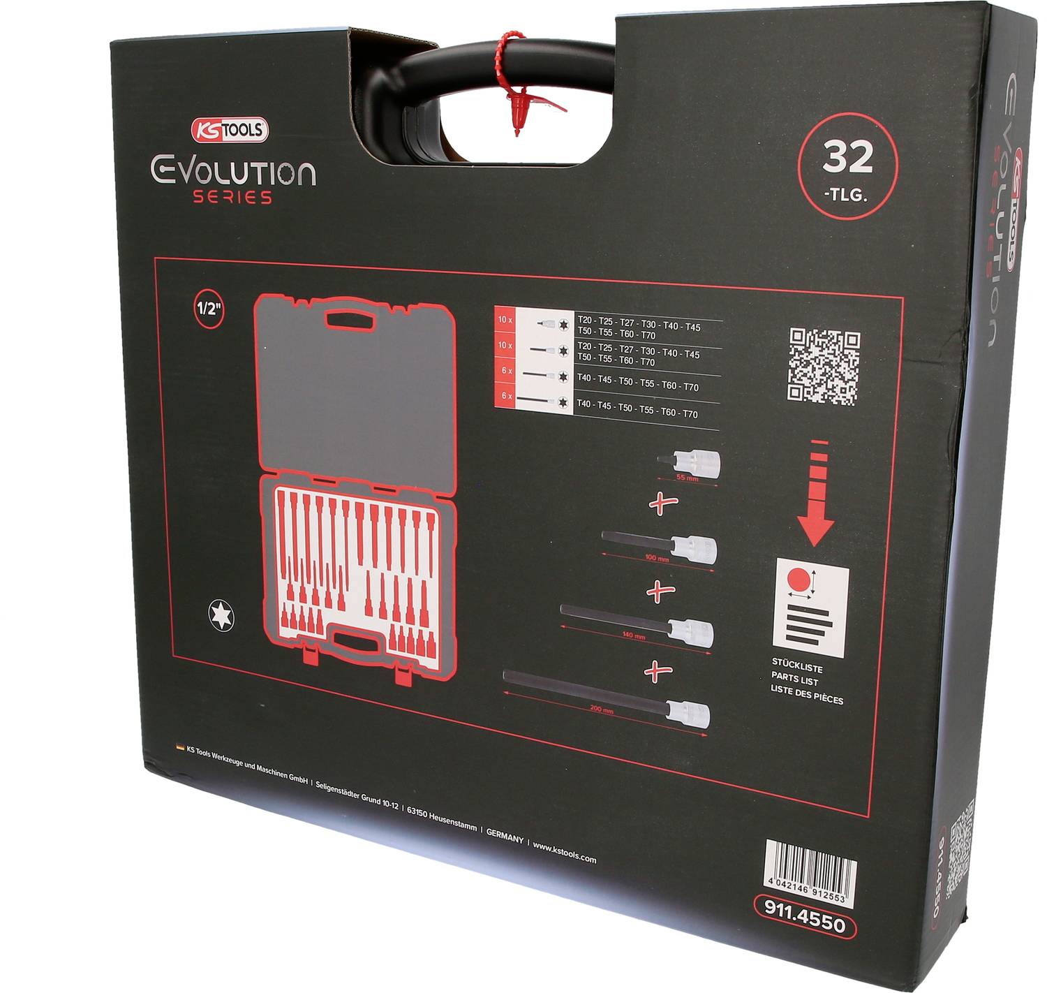 'KS Tools Evolution Series 32-tlg. Set'. Abbildung eines Werkzeugkoffers mit Steckschlüsseln und Details zu enthaltenen Werkzeugen.