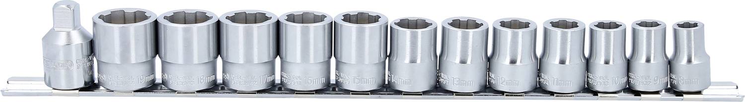 Ein Satz von elf Stecknüssen in verschiedenen Größen, geordnet auf einer Metallschiene. Jeder Nuss hat eine sechseckige Öffnung.