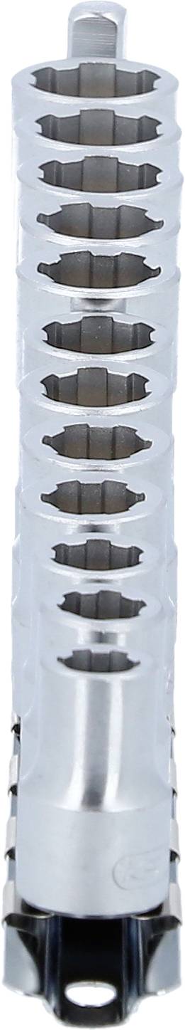 Ein Stapel von neun silbernen Steckschlüsseln unterschiedlicher Größe, vertikal angeordnet, von oben betrachtet.