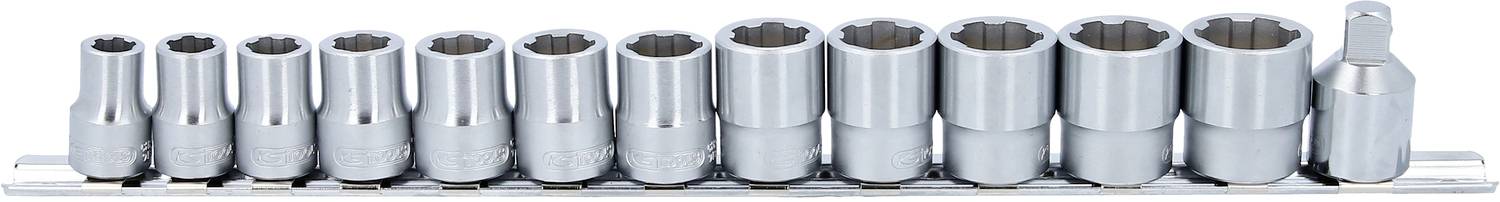 Elf Stecknüsse in verschiedenen Größen auf einer Metallschiene angeordnet. Geeignet für mechanische Arbeiten und Reparaturen.