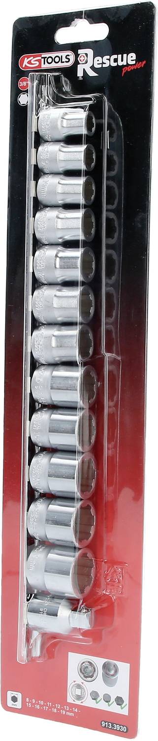 'KS Tools Rettungs-Power-Schraubendreher-Set' in Kunststoffverpackung, enthält 13 silberne Steckschlüssel in unterschiedlichen Größen.