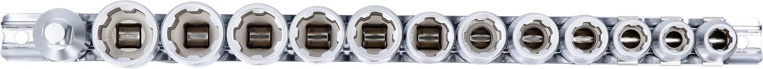 Ein Set von zwölf Stecknüssen in verschiedenen Größen, horizontal nebeneinander in einer Linie angeordnet.