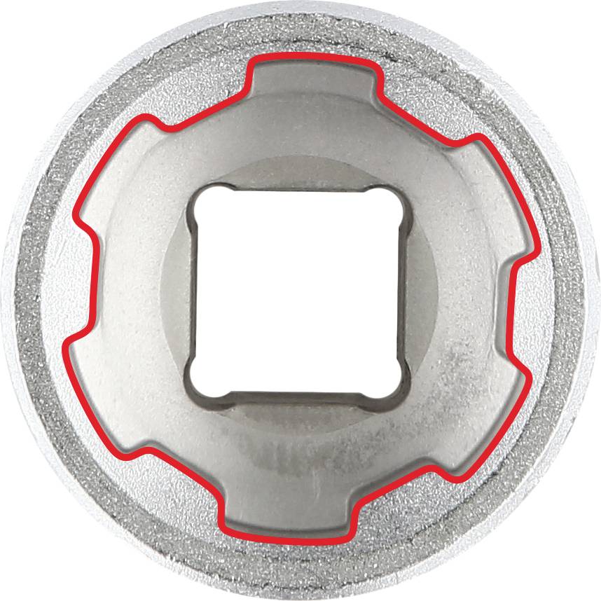 Metallischer Schraubenschlüsselaufsatz mit quadratischem Mittelteil und abgerundeten Zacken. Die Kanten sind rot hervorgehoben.