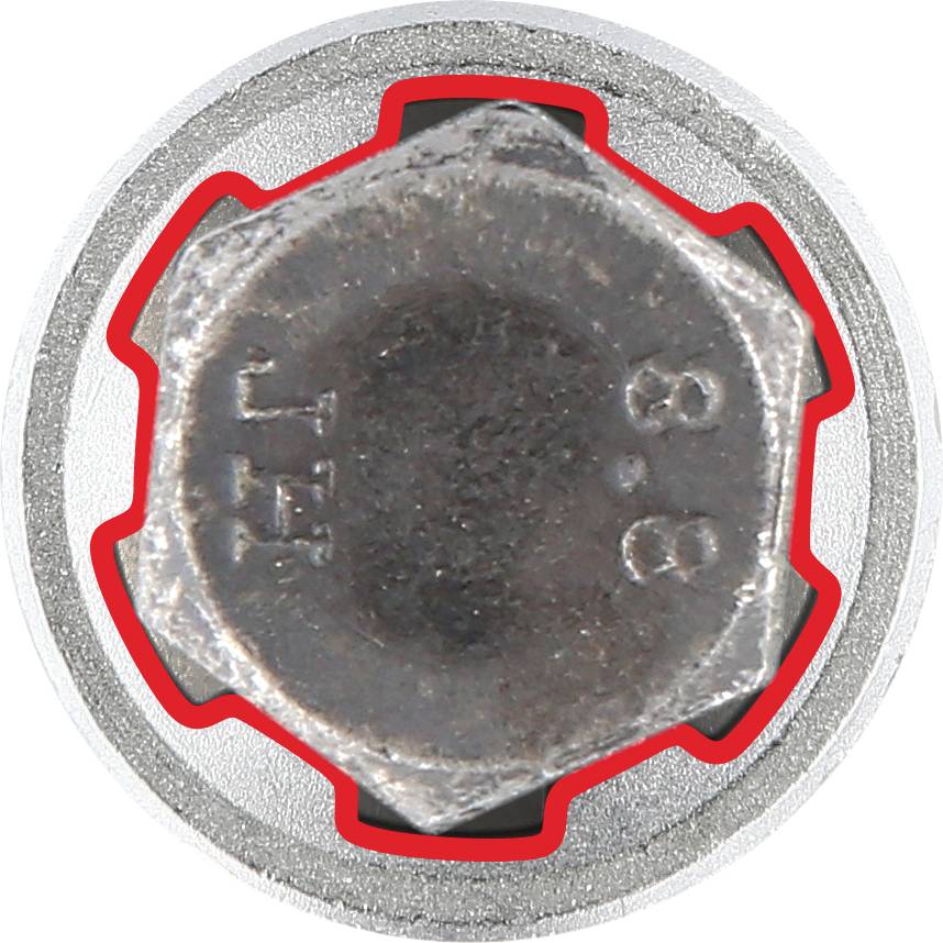 Nahaufnahme einer Schraube. Sechskantkopf mit Beschriftung 'L-H' und '8.8'. Roter Umriss um die Schraube.