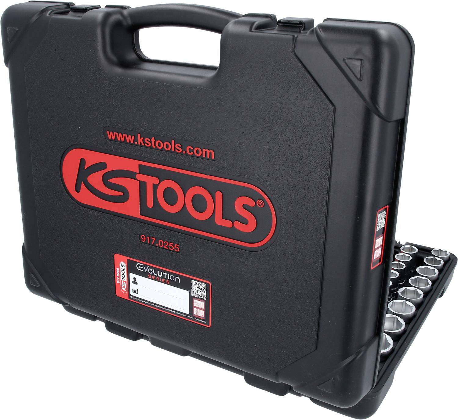 Schwarzer Werkzeugkoffer von KS TOOLS mit rotem Logo und Website-Link. Geöffnet mit sichtbaren Stecknüssen.