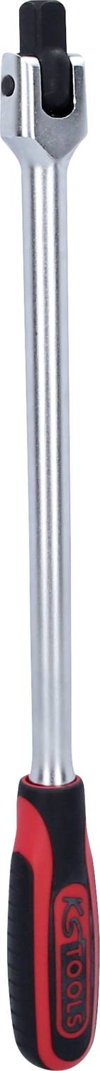 Ein verstellbarer Ratschenschlüssel mit langem Metallschaft und ergonomischem, rot-schwarzem Griff. Ideal für mechanische Arbeiten.