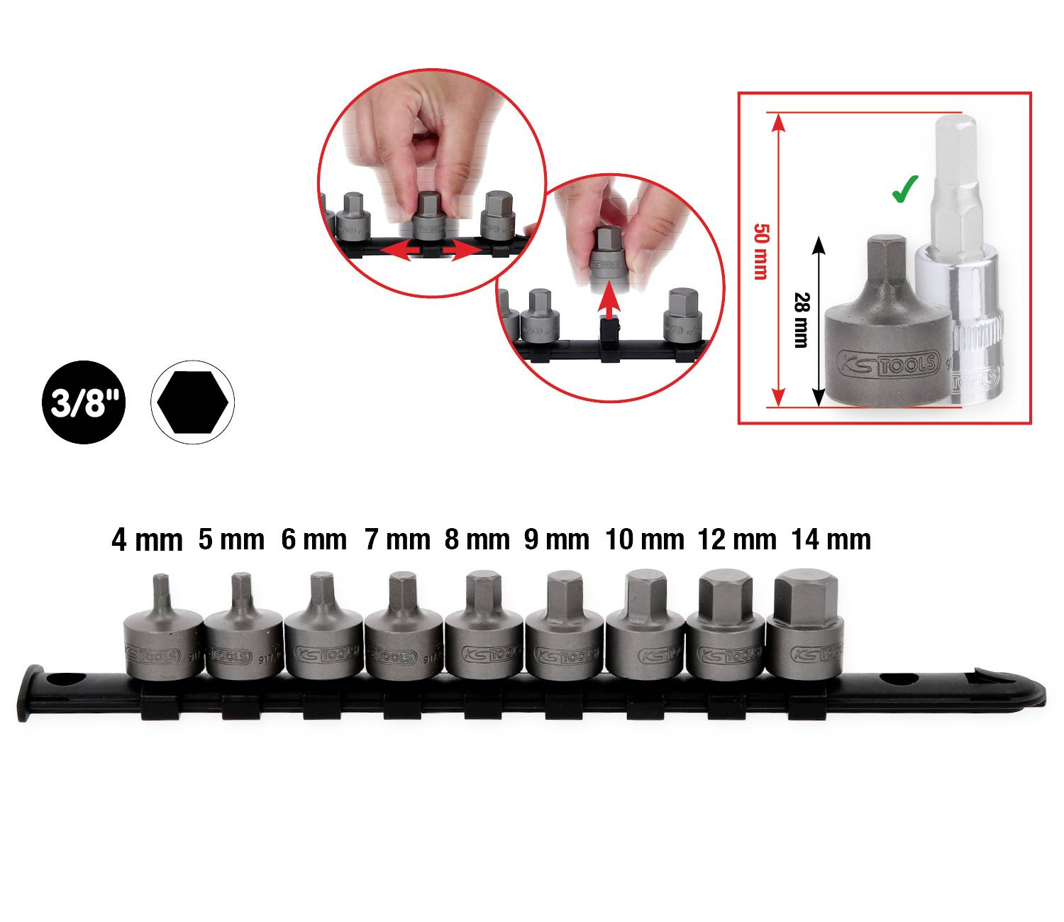 Eine Reihe von 10 verschiedenen Stecknüssen von 4 mm bis 14 mm auf einem Halter, mit Illustration zum einfachen Austausch der Nüsse.