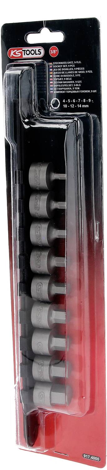 Stecknuss-Satz in Verpackung mit zehn Stecknüssen unterschiedlicher Größe. Marke auf Verpackung sichtbar. Geeignet für Werkstätten.