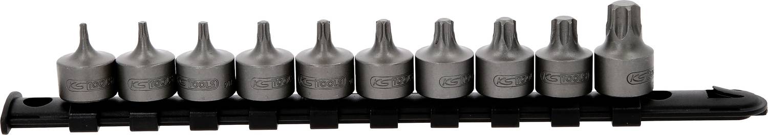 Satz von neun grauen Schraubendreher-Bits in einem Halter, unterschiedlich geformt für verschiedene Schraubtypen.