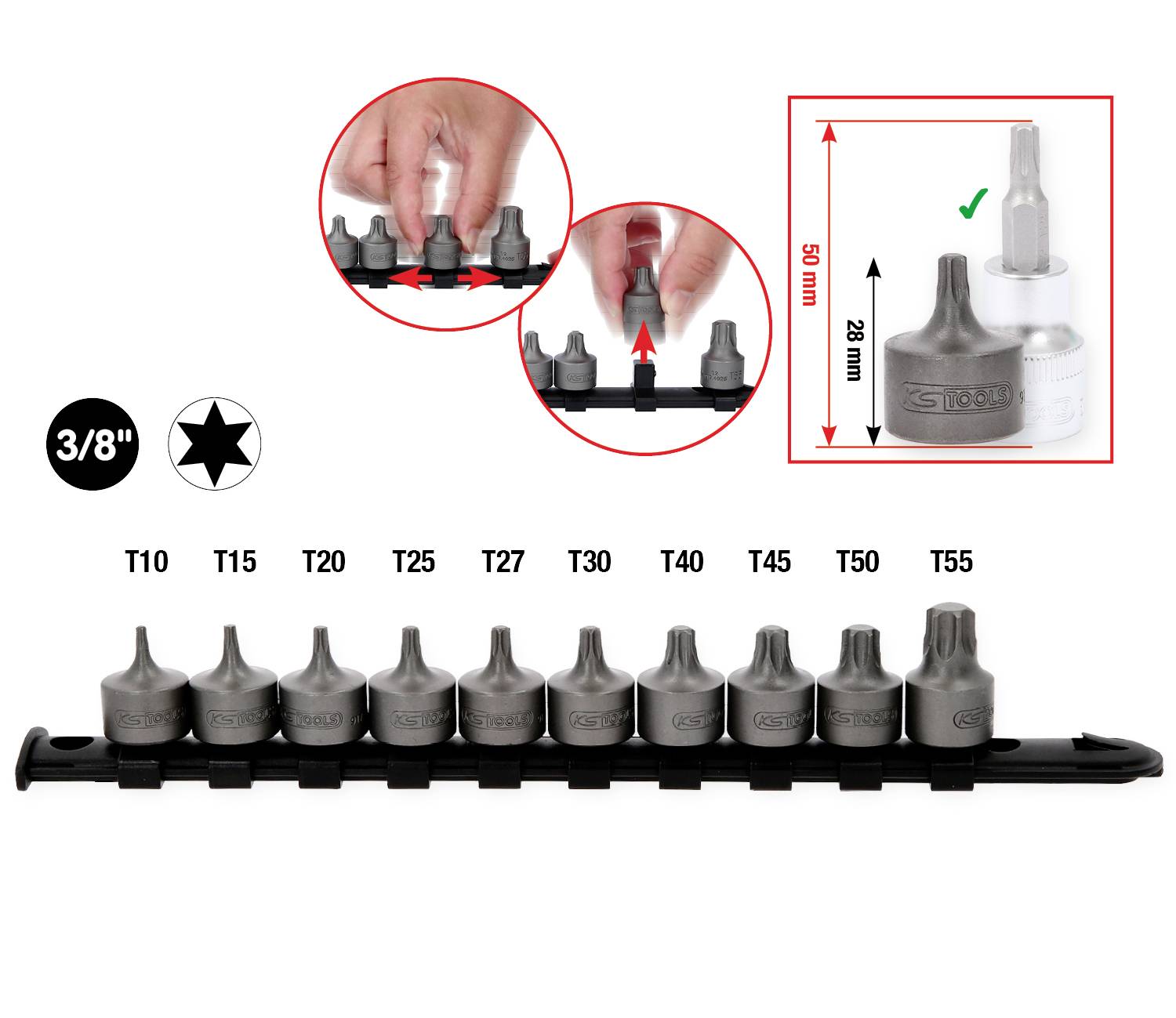 Steckschlüsselsatz mit Torx-Bits T10 bis T55 auf Halterung. Zwei hervorgehobene Bereiche zeigen die Bits in Nahaufnahme und Anwendung.