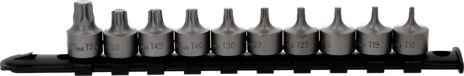 Eine Reihe von zehn Torx-Bits in verschiedenen Größen, von T10 bis T50, angeordnet auf einer schwarzen Halterung.