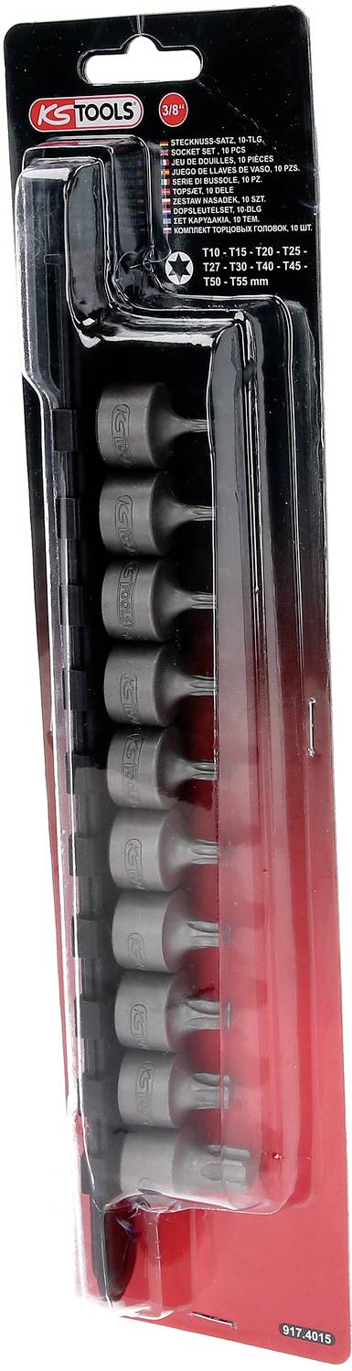 Ein Set von 10 Stecknüssen von KS Tools in einer Packung. Größen von T10 bis T50. Schwarzes Finish, geeignet für Torx-Schrauben.