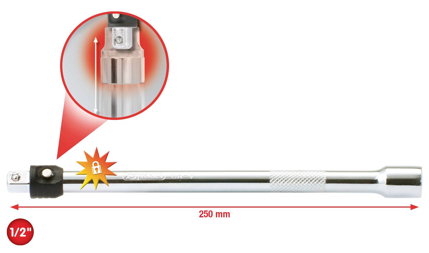 Metallische Verlängerungsstange für Werkzeuge, 250 mm lang, mit Vergrößerung eines Verriegelungsmechanismus in einem Kreis.