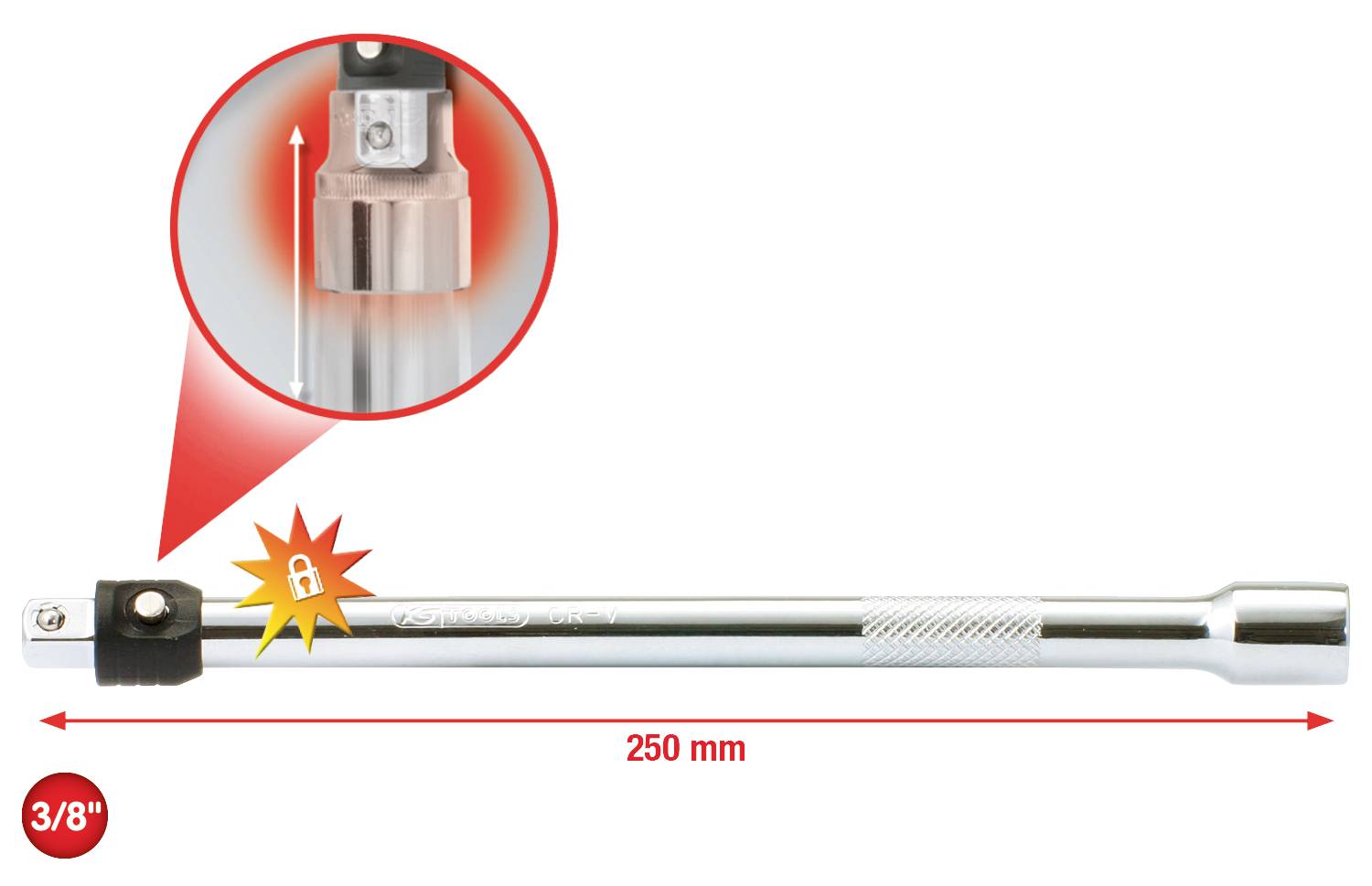 Verlängerungsstange, 3/8 Zoll, Länge 250 mm. Fokus auf Verriegelungsmechanismus an der Spitze. Werkzeugdetailansicht.