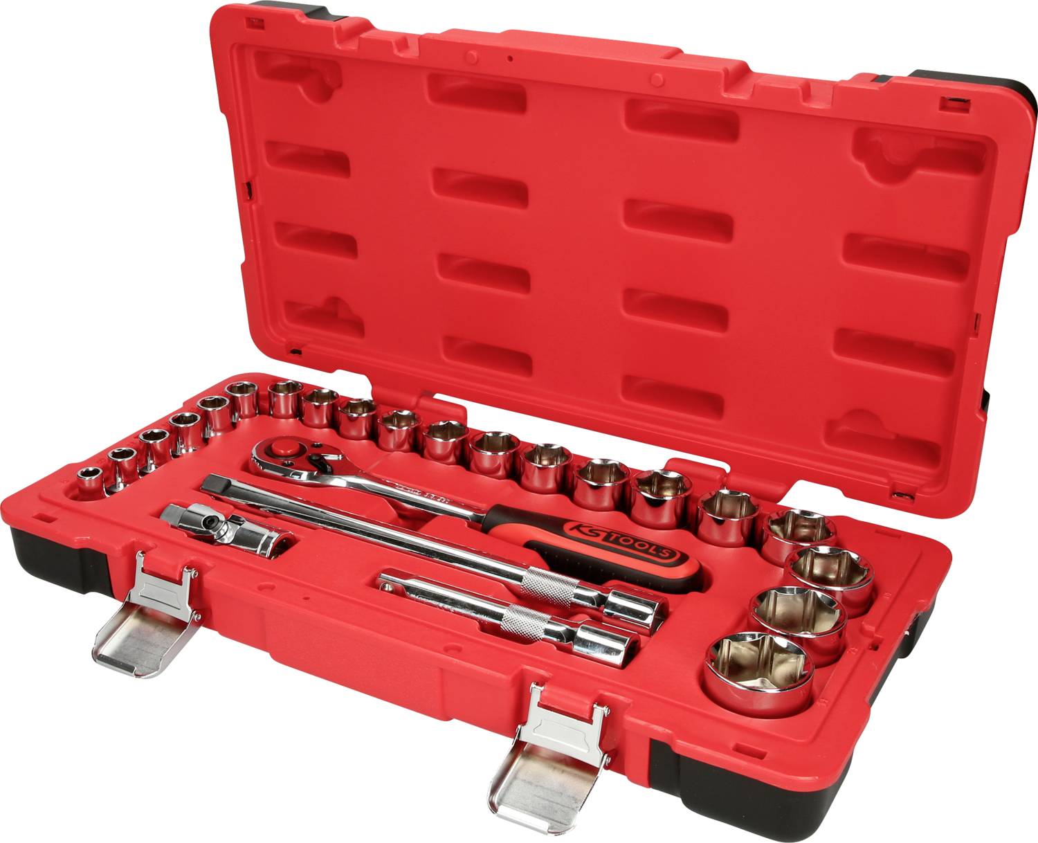 Roter Werkzeugkoffer mit offener Abdeckung, zeigt einen Satz Steckschlüssel unterschiedlicher Größen, eine Ratsche und Verlängerungen.