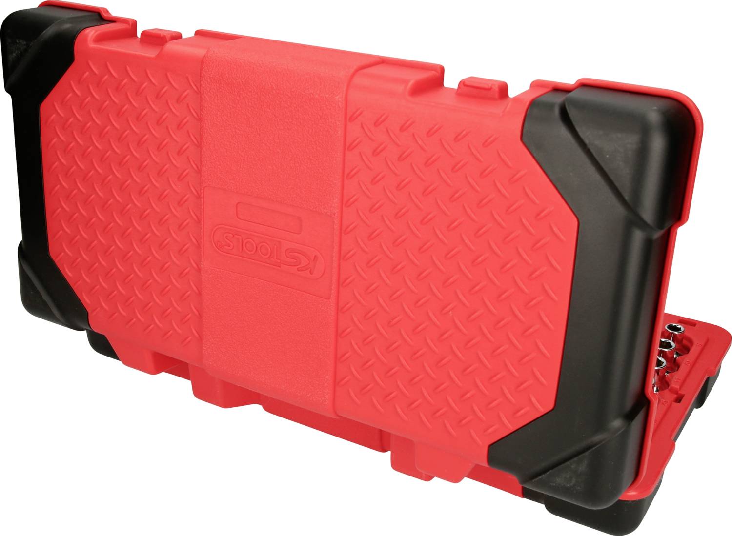 Roter, rechteckiger Werkzeugkoffer mit schwarzem Rand und diamantförmigem Muster auf der Oberfläche.