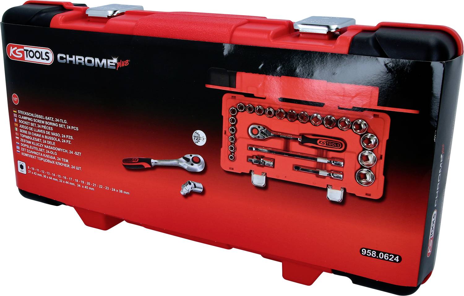 Roter Werkzeugkoffer von KS Tools, zeigt ein Ratschen-Set mit Steckschlüsseln und Zubehör, auf schwarzem Hintergrund abgebildet.