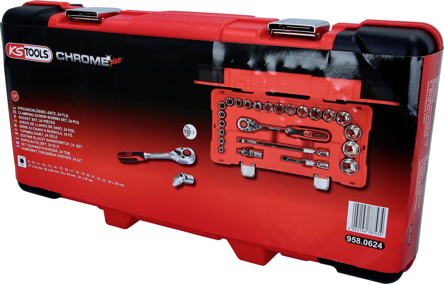 Roter Werkzeugkoffer mit 'KS TOOLS' Logo. Enthält verschiedene Steckschlüssel und Ratsche, gezeigt auf dem Kofferdeckel-Plakat.