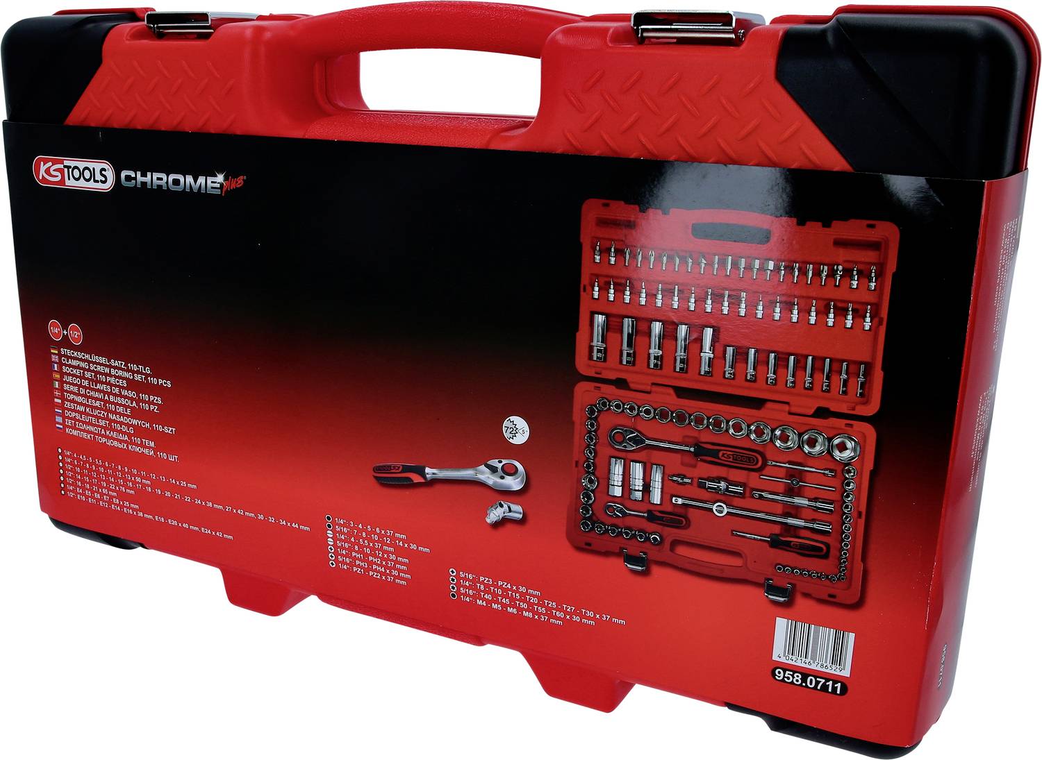 Schwarzer und roter Werkzeugkoffer mit KS Tools Logo. Zeigt Werkzeugeinsätze und Schraubenschlüssel im Inneren, Liste der Werkzeuge außen.