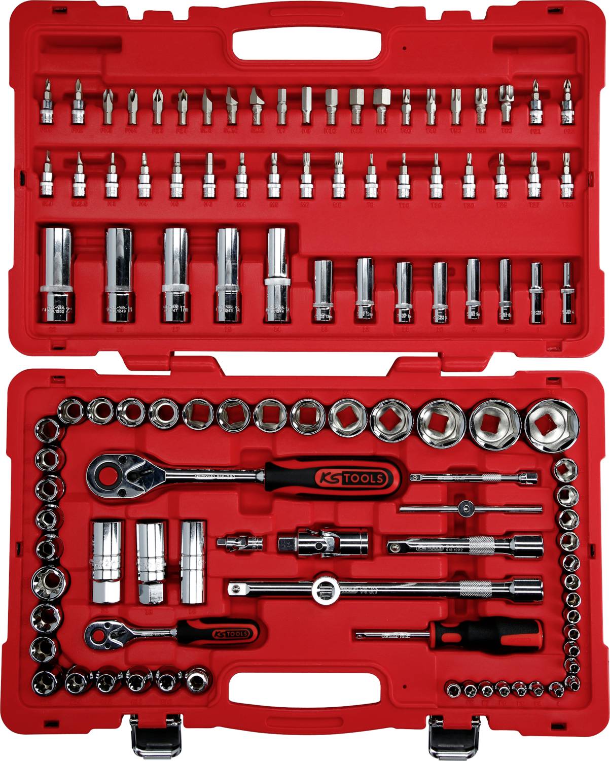 Ein Werkzeugkoffer mit einem Satz Steckschlüssel, Ratschenschlüsseln und Bits in verschiedenen Größen, übersichtlich in einem roten Koffer organisiert.