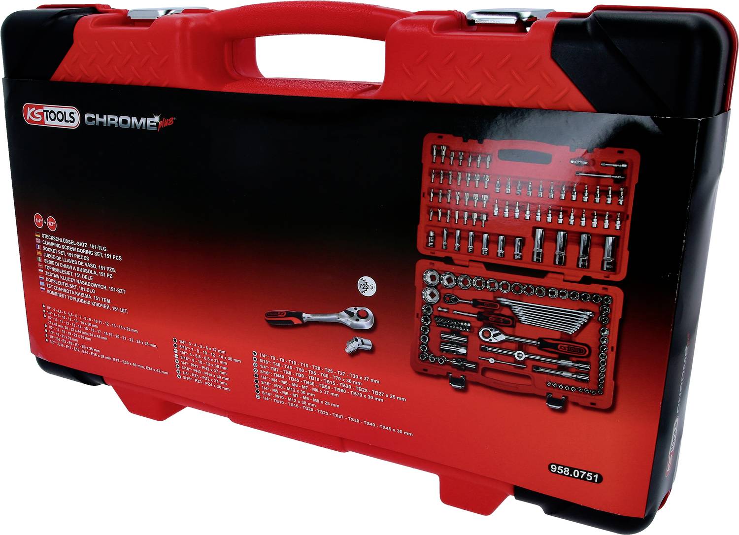 'KS Tools' Werkzeugkoffer, rote und schwarze Optik. Enthält Schraubenzieher, Ratsche und diverse Aufsätze. Modell 958.0751.