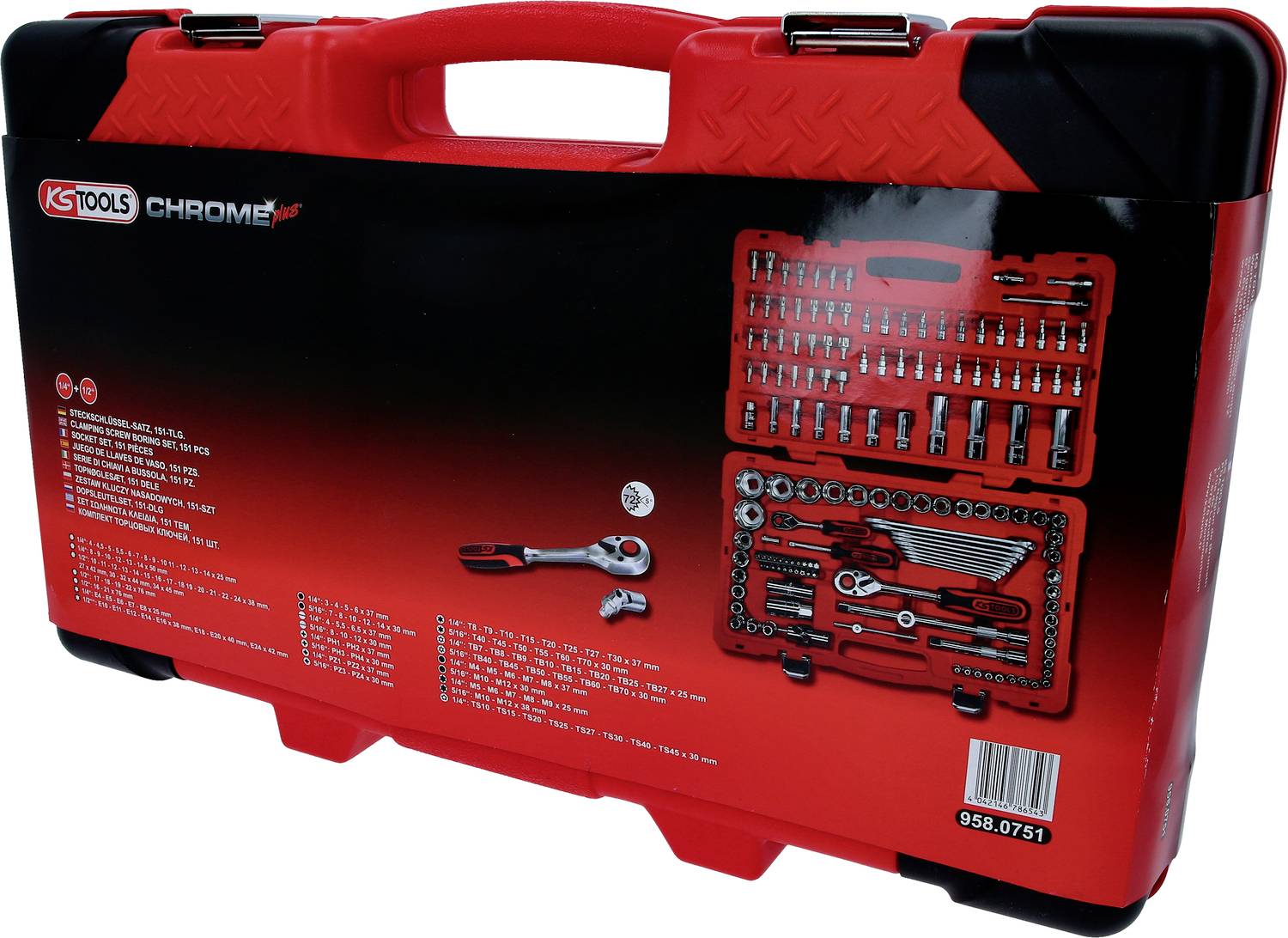 Roter Werkzeugkoffer mit KS Tools-Logo, enthält diverse Werkzeuge wie Schraubenschlüssel und Steckschlüsselsätze, abgebildet auf Koffer.
