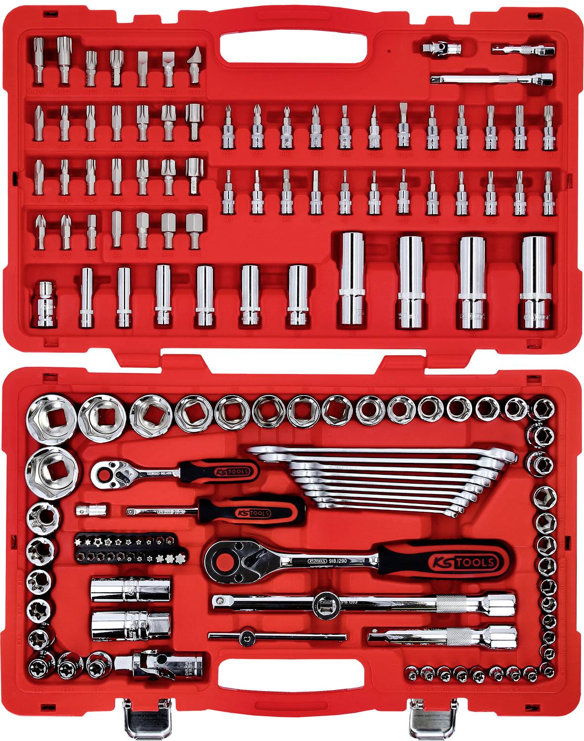Kraftwerkzeug-Set in rotem Koffer, viele Steckschlüssel, Bits und Ratschen, geordnet in verschiedenen Größen und Formen.