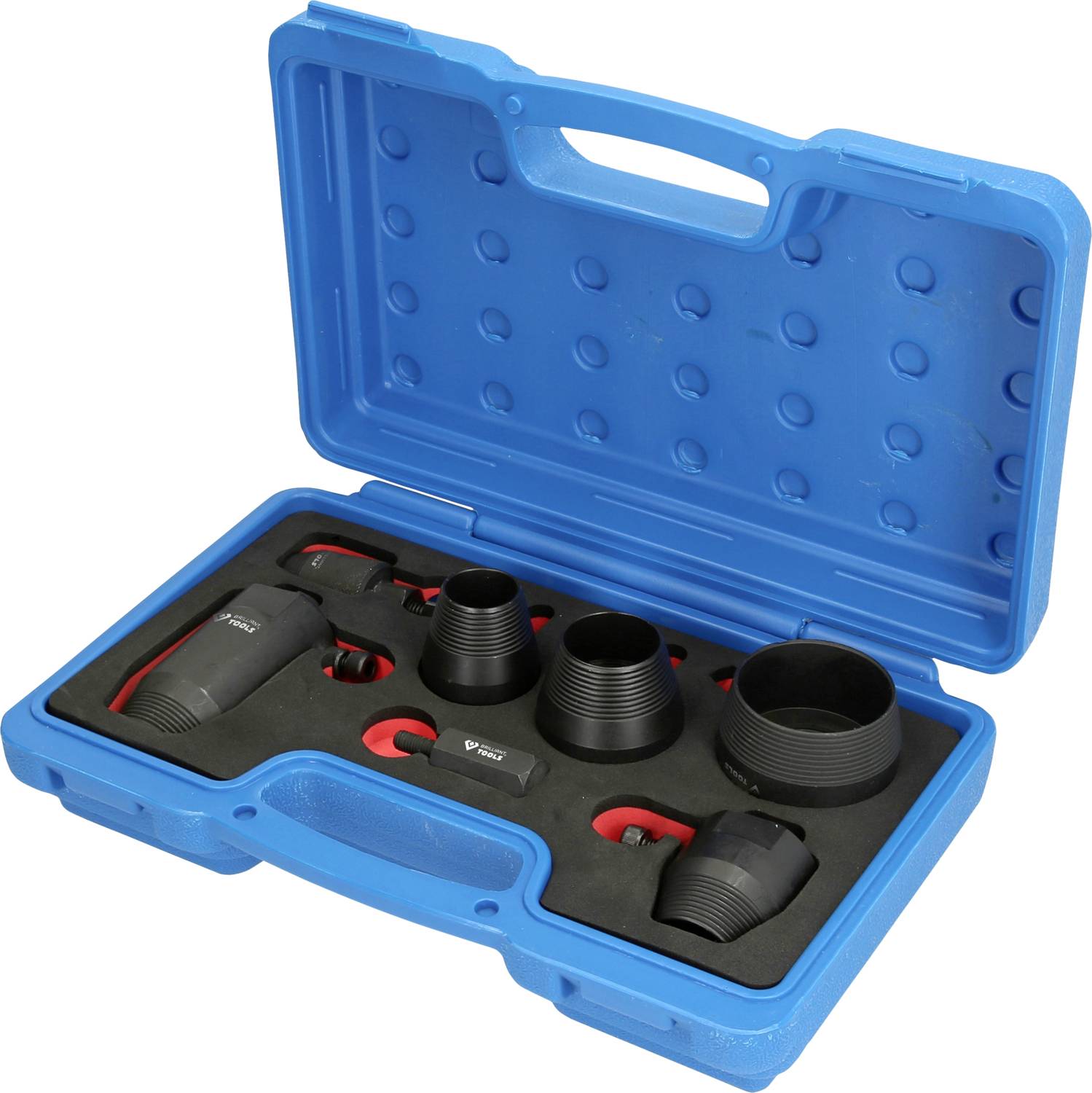 Ein blauer Werkzeugkoffer mit verschiedenen schwarzen Aufsätzen für eine Maschine. Alle Teile sind ordentlich im Schaumstoff eingelegt.