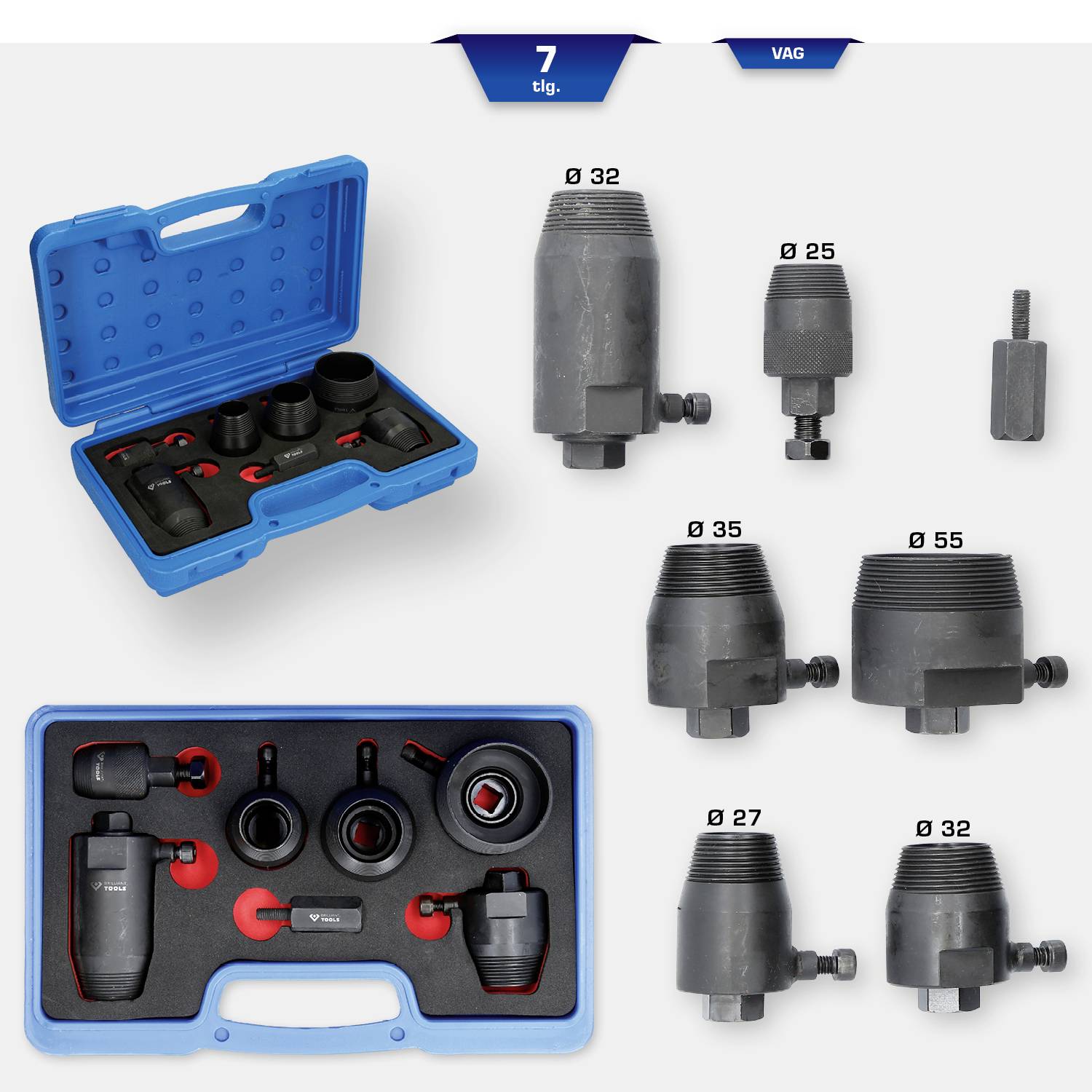 Spezialwerkzeug-Set für bestimmte Automodelle, bestehend aus 7 Teilen in einer blauen Aufbewahrungsbox. Enthält verschiedene Adapter mit unterschiedlichen Durchmessern für spezifische Anwendungen.
