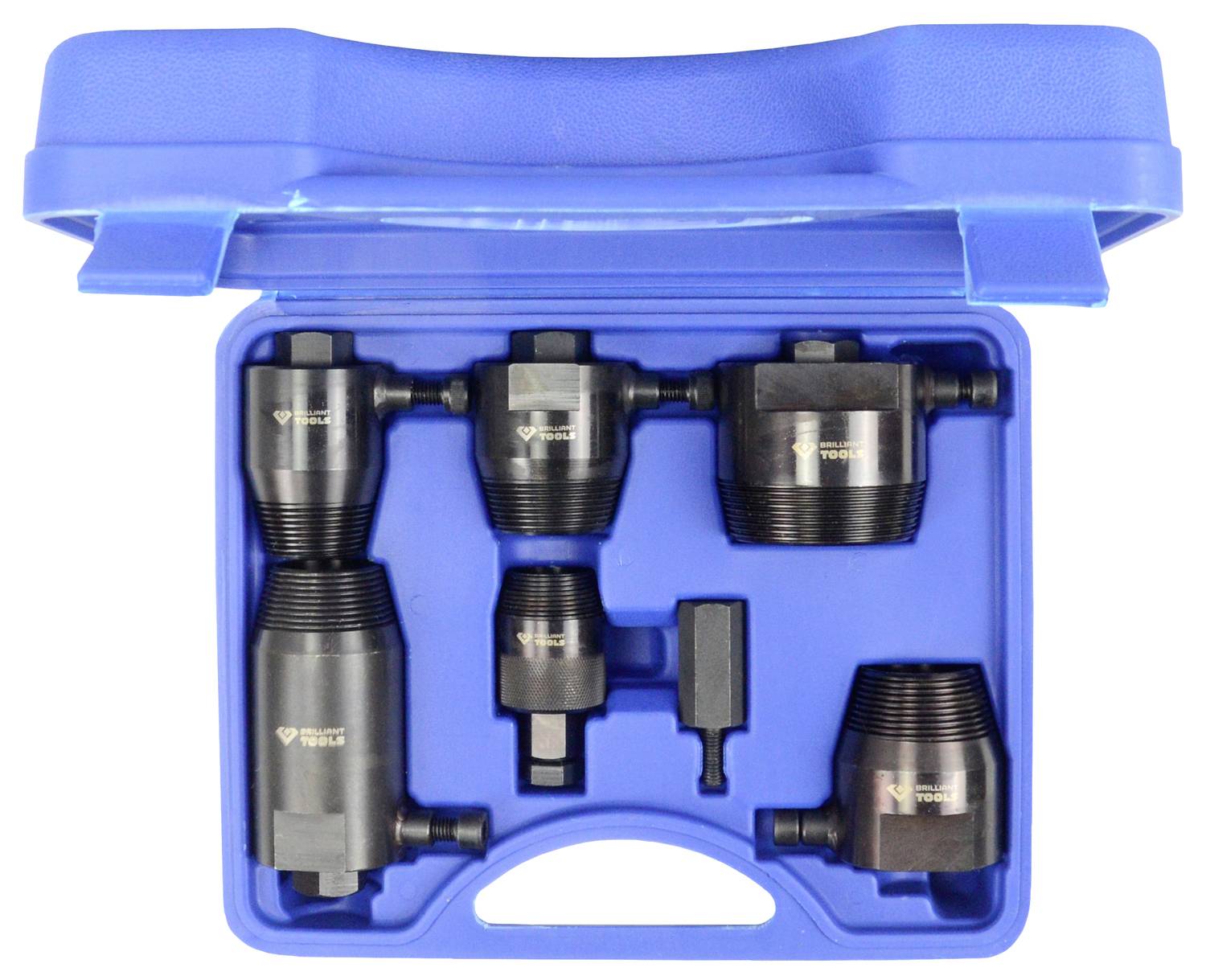 Blauer Werkzeugkoffer mit fünf schwarzen Rohren und einem Adapter, die in geformten Fächern liegen. Spezielles Set für professionelle Anwendungen.