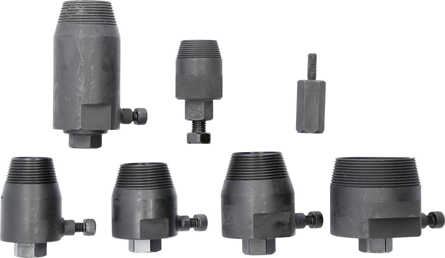 Verschiedene schwarze Hydraulikadapter mit unterschiedlichen Größen und Gewinden, auf weißem Hintergrund angeordnet.