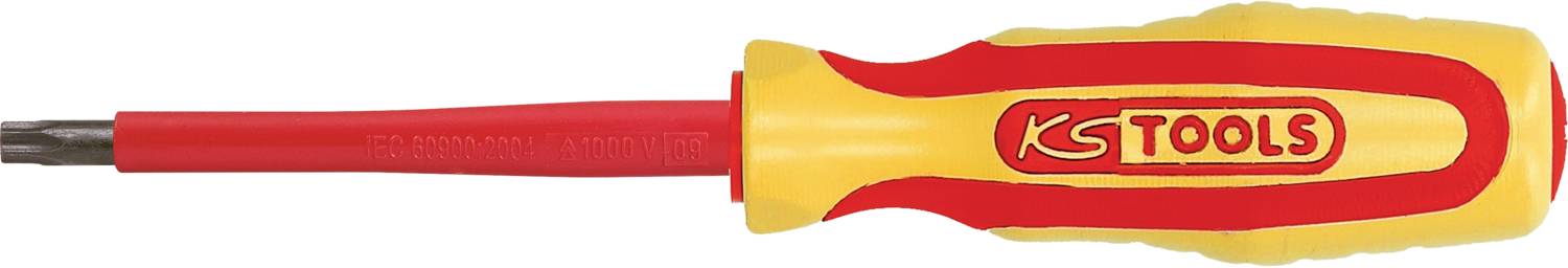 Ein rot-gelber Schraubendreher mit isoliertem Griff und Aufschrift 'KS Tools'. Geeignet für elektrische Arbeiten.