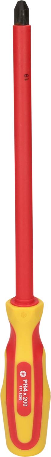 Roter und gelber Schraubendreher mit isoliertem Griff und schwarzer Spitze.