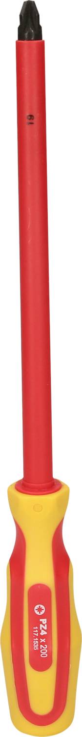 Ein roter und gelber Schraubendreher mit einem ergonomischen Griff.