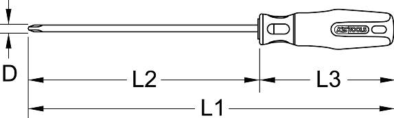 Technische Zeichnung eines Schraubendrehers mit Längenangaben: Gesamtlänge (L1), Schaftlänge (L2), Griffbreite (L3), und Klingendurchmesser (D).