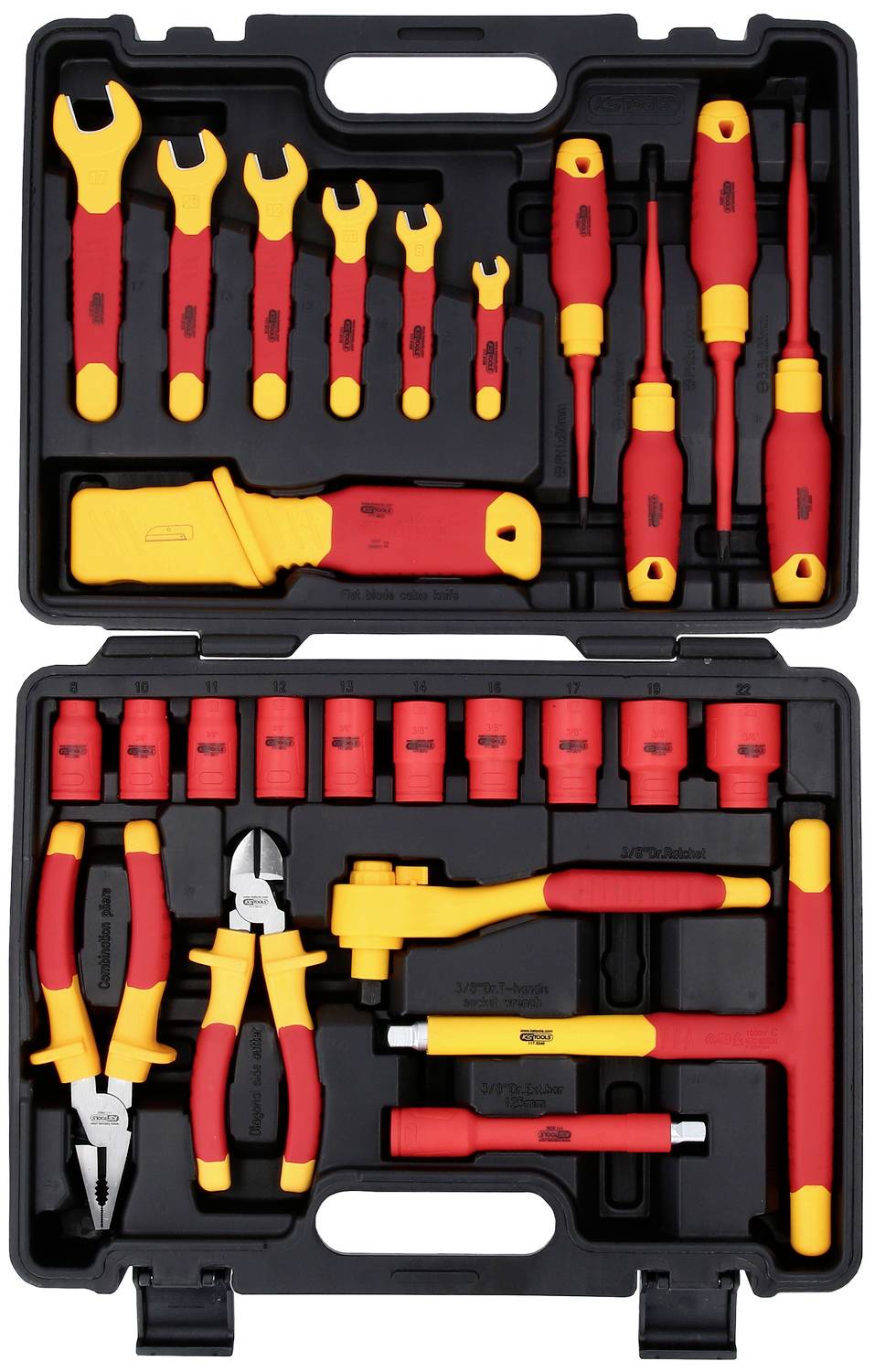 Ein Set isolierter Werkzeuge in einem Koffer, geeignet für Arbeiten an elektrischen Anlagen. Enthält Schraubendreher, Zangen und Steckschlüssel.