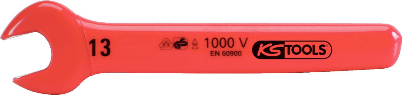 Ein roter, isolierter Schraubenschlüssel mit der Markierung '1000 V', geeignet für Arbeiten unter Spannung. Größe 13, Marke KS Tools.