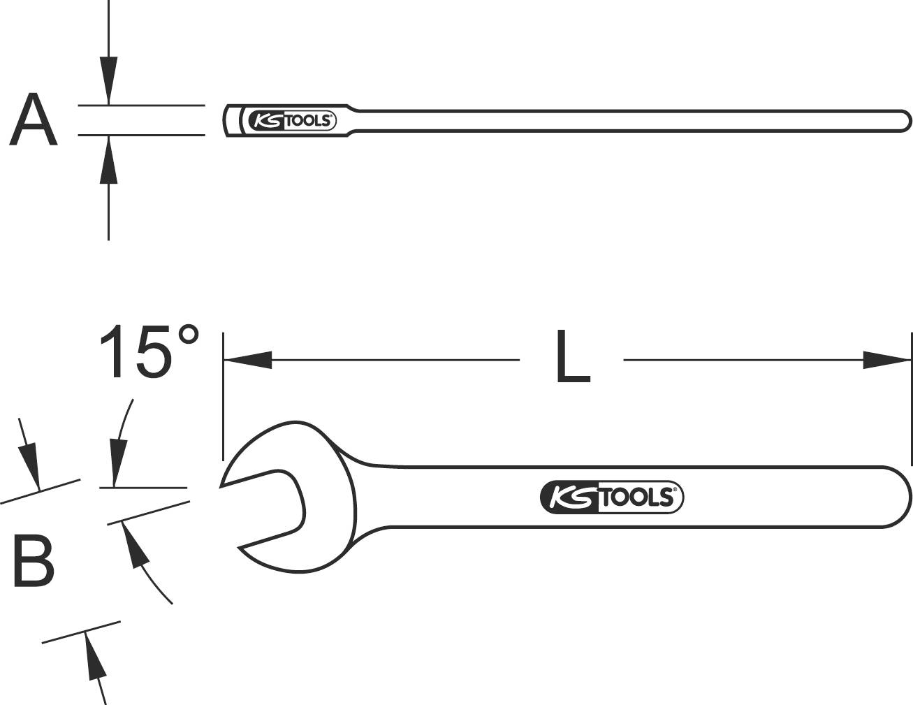 'KS TOOLS' Ringschlüssel-Diagramm. Oben: Längenmaß 'L' und Schlüsselbreite 'A'. Unten: 15° Winkel bei Schlüsselbreite 'B'.