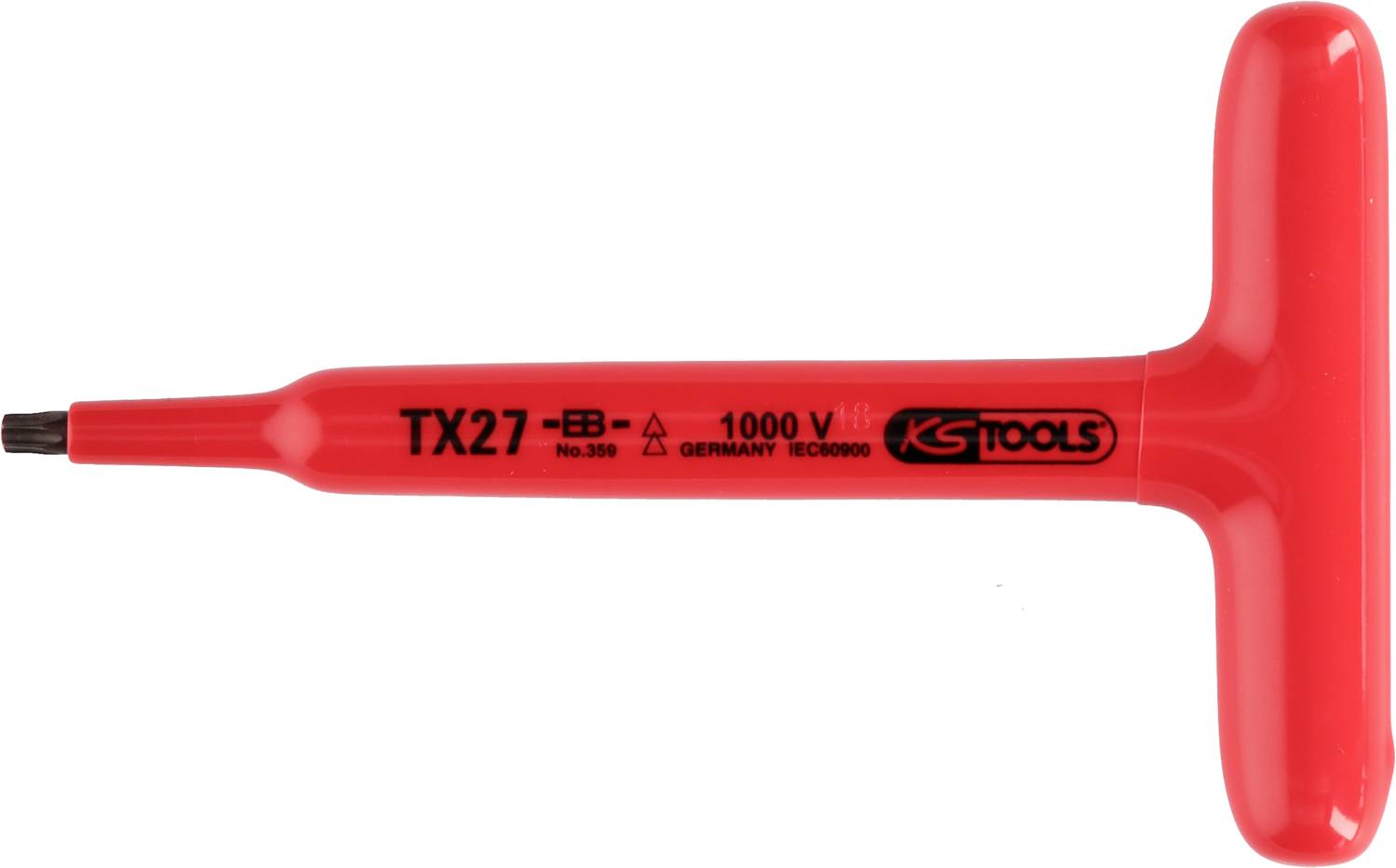 Isolierter T-Griff-Schraubendreher, rot, Modell TX27, für 1000V Spannung, Marke KS Tools.
