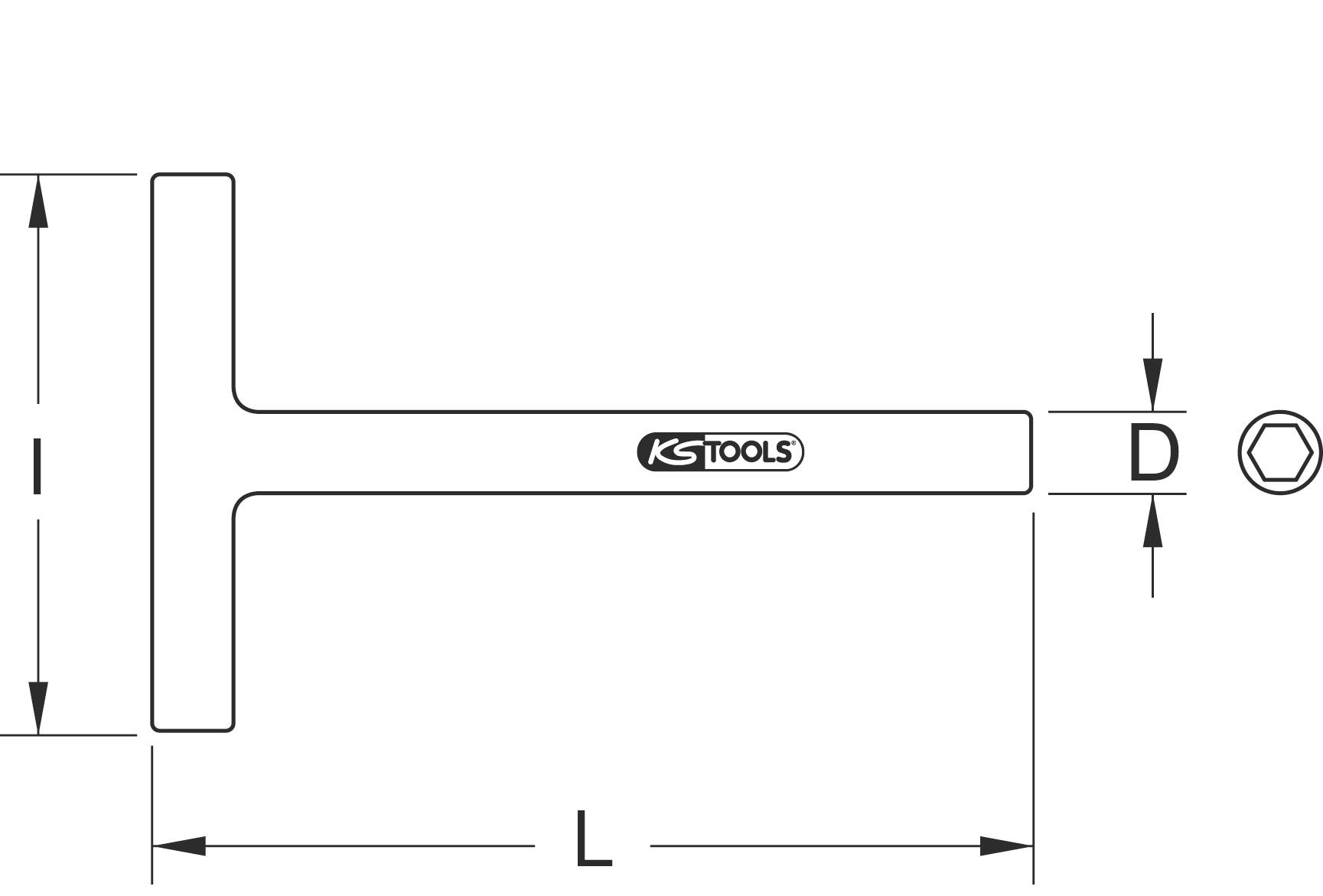 Technische Zeichnung eines T-Schlüssels mit Längen- und Durchmessermaßen. Markiert mit dem Logo 'KS Tools'.