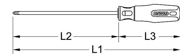 Technische Zeichnung eines Schraubendrehers. Zeigt Griff und Klinge. Beschriftungen: 'L1', 'L2', 'L3' für Längenangaben.