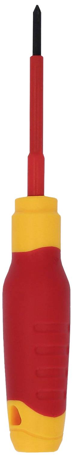 Ein roter und gelber Schraubendreher mit einem ergonomischen Griff und einem schwarzen Phillips-Kopf.