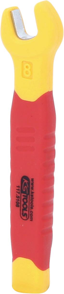 Ein gelb-roter Schraubenschlüssel mit der Größe 8. Geformter Griff, ergonomisch gestaltet, Markenlogo aufgedruckt.