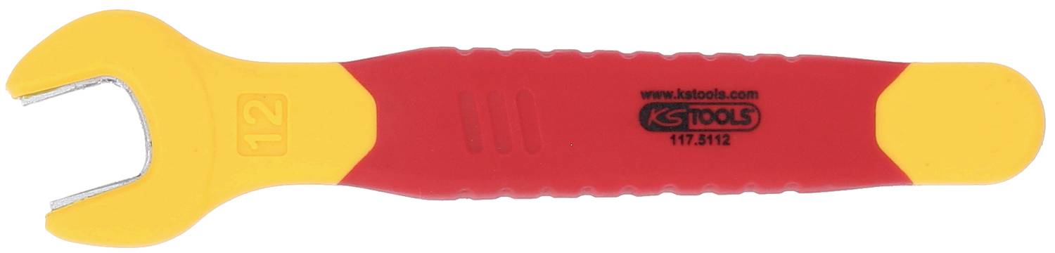Ein gelb-roter, isolierter Maulschlüssel mit der Nummer '12' und der Aufschrift 'KS Tools' auf dem Griff.