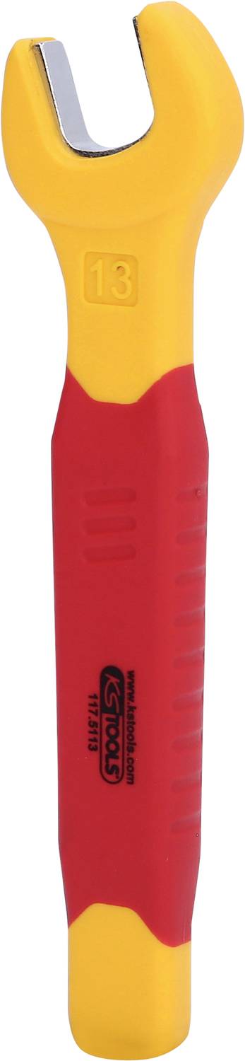 Ein gelb-roter Schraubenschlüssel mit isoliertem Griff, geeignet für Arbeiten an elektrischen Anlagen.