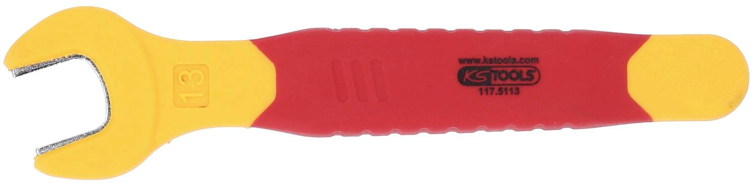 Ein gelb-roter Kunststoffschlüssel mit der Aufschrift 'KS Tools'. Größe 13, am oberen Ende eines ergonomischen Griffs.